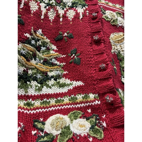 Tiara Int’l XL Red Christmas Cardigan Sweater Beaded Embroidered Holiday Ramie - Picture 3 of 7